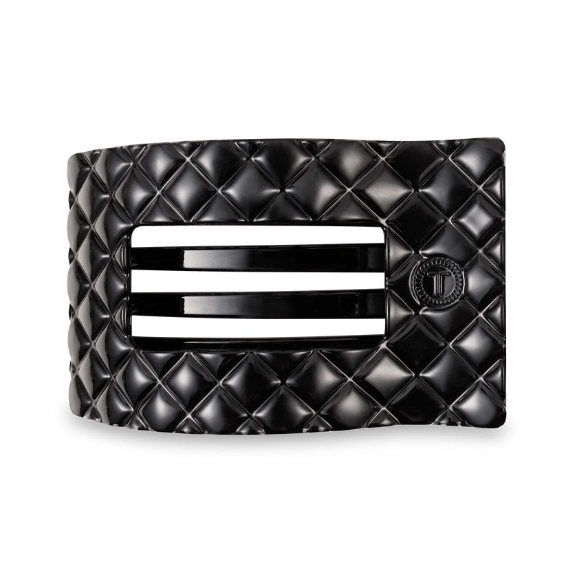 Large Jet Black Quilted Flat Rectangle Hair Clip