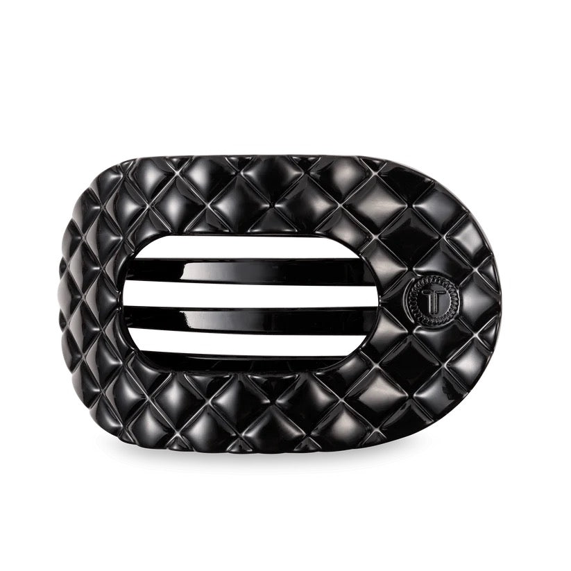 Large Jet Black Quilted Flat Round Hair Clip