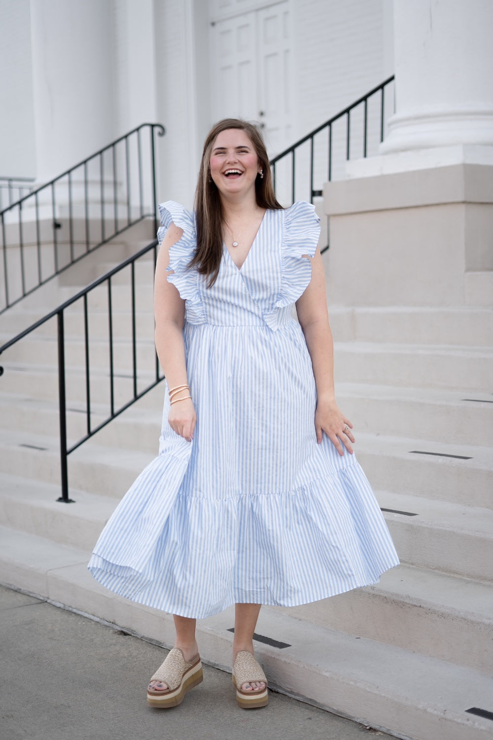 Fiona Striped Midi Dress in Blue