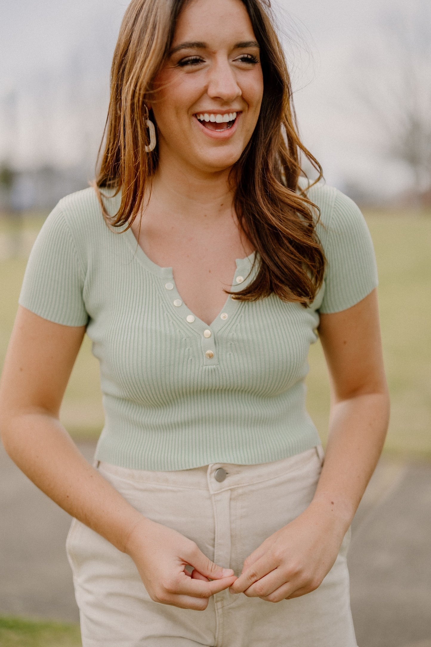 Sylvia Snap Button Knit Top in Sage