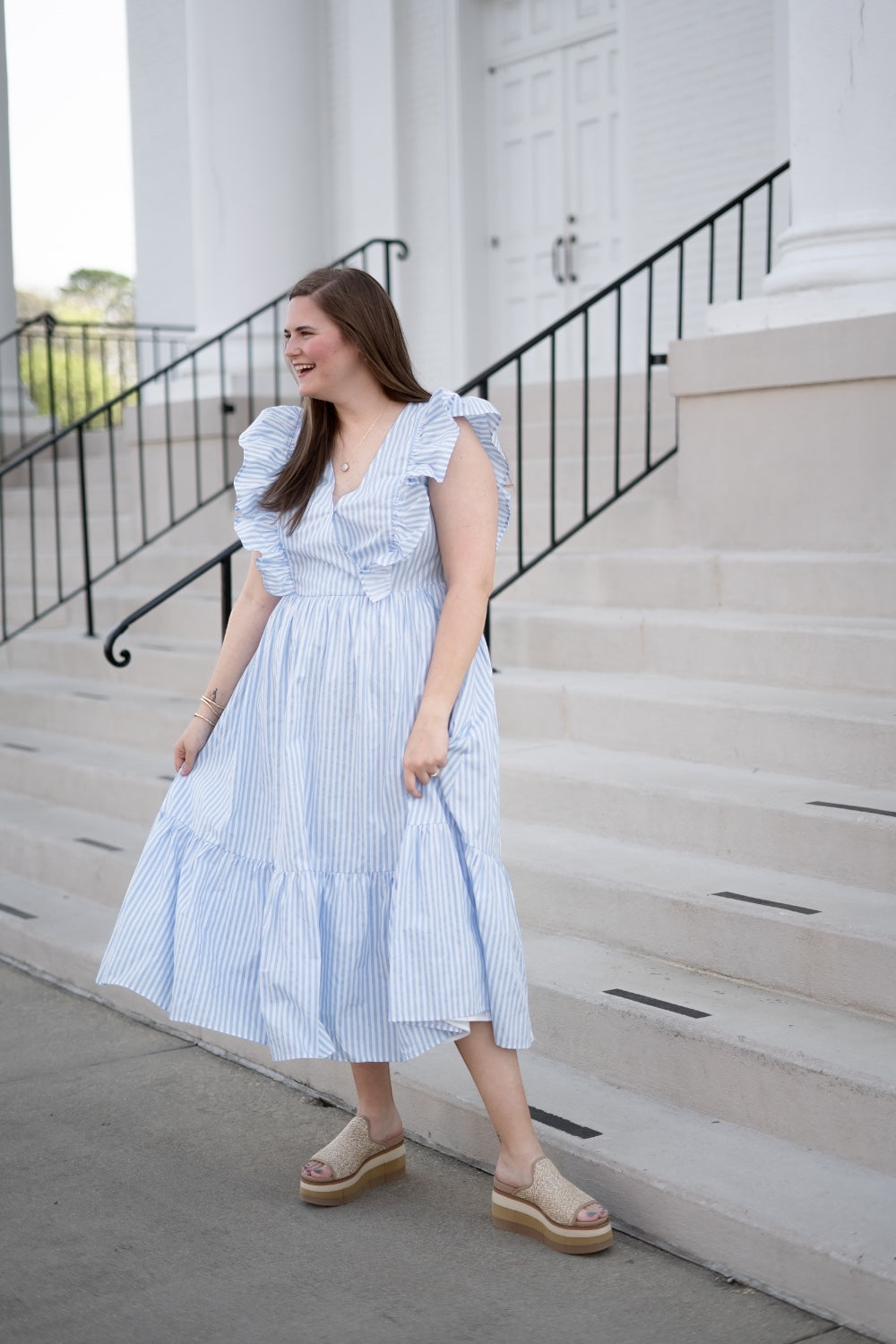 Fiona Striped Midi Dress in Blue