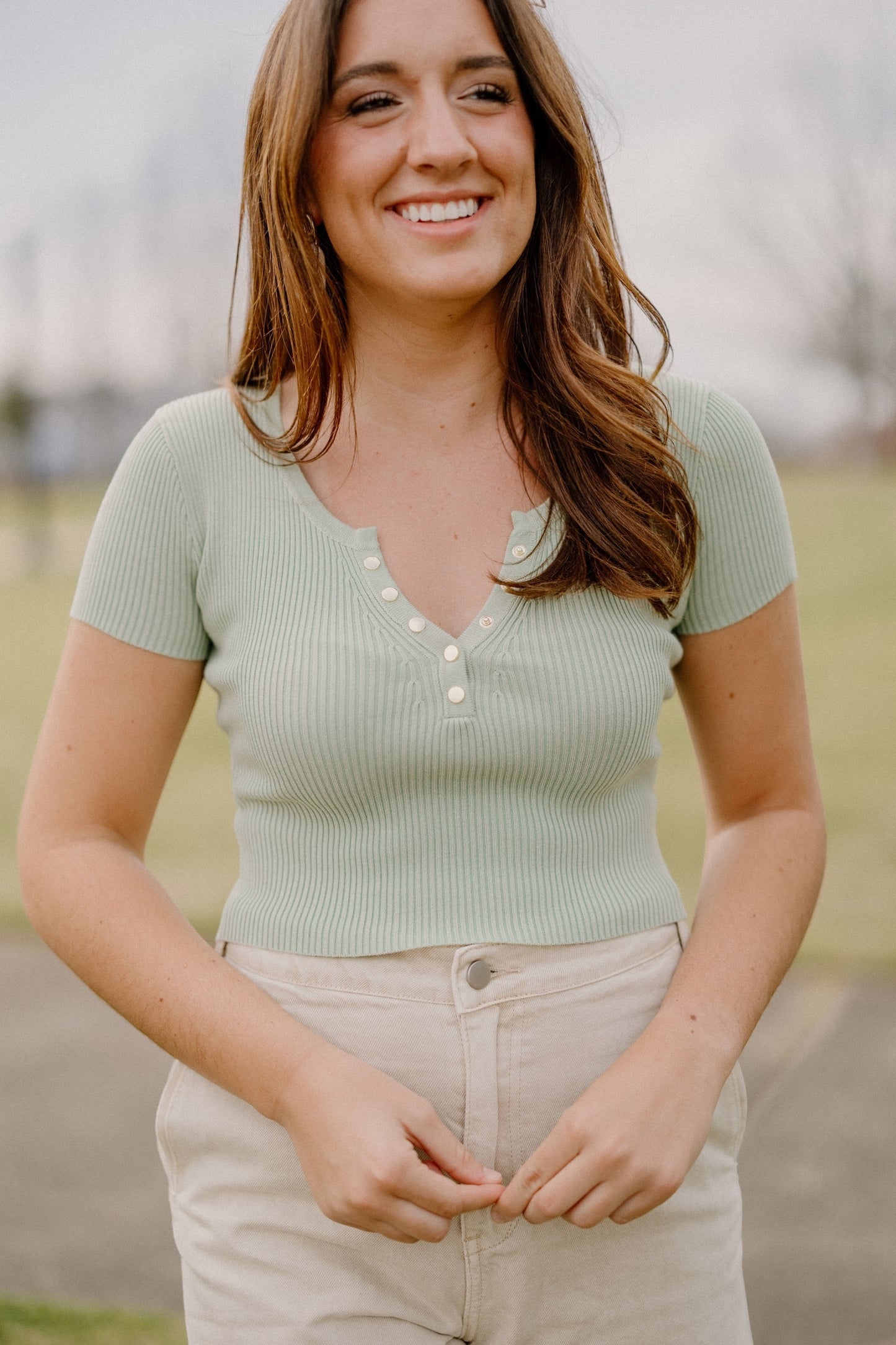 Sylvia Snap Button Knit Top in Sage
