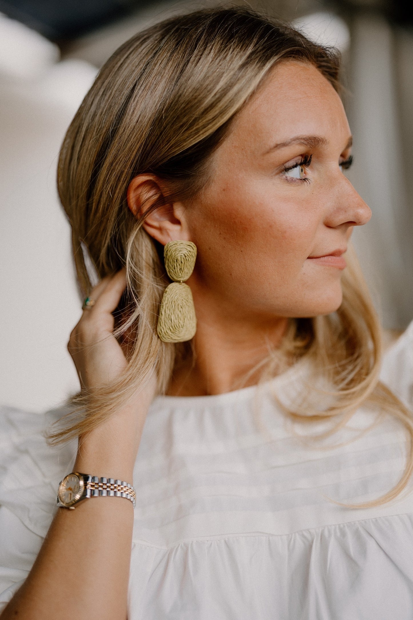 Raffia Wrapped Trapezoid Earrings in Olive