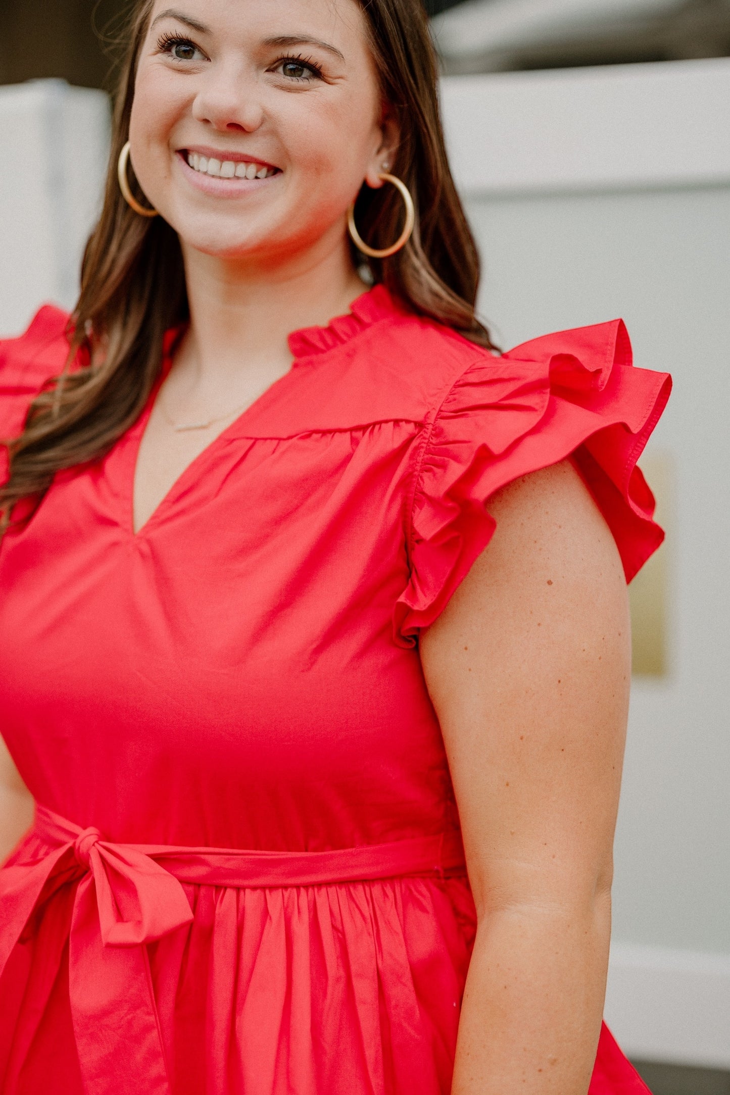 Cherry Red Ruffle Sleeve Tie Waist Dress