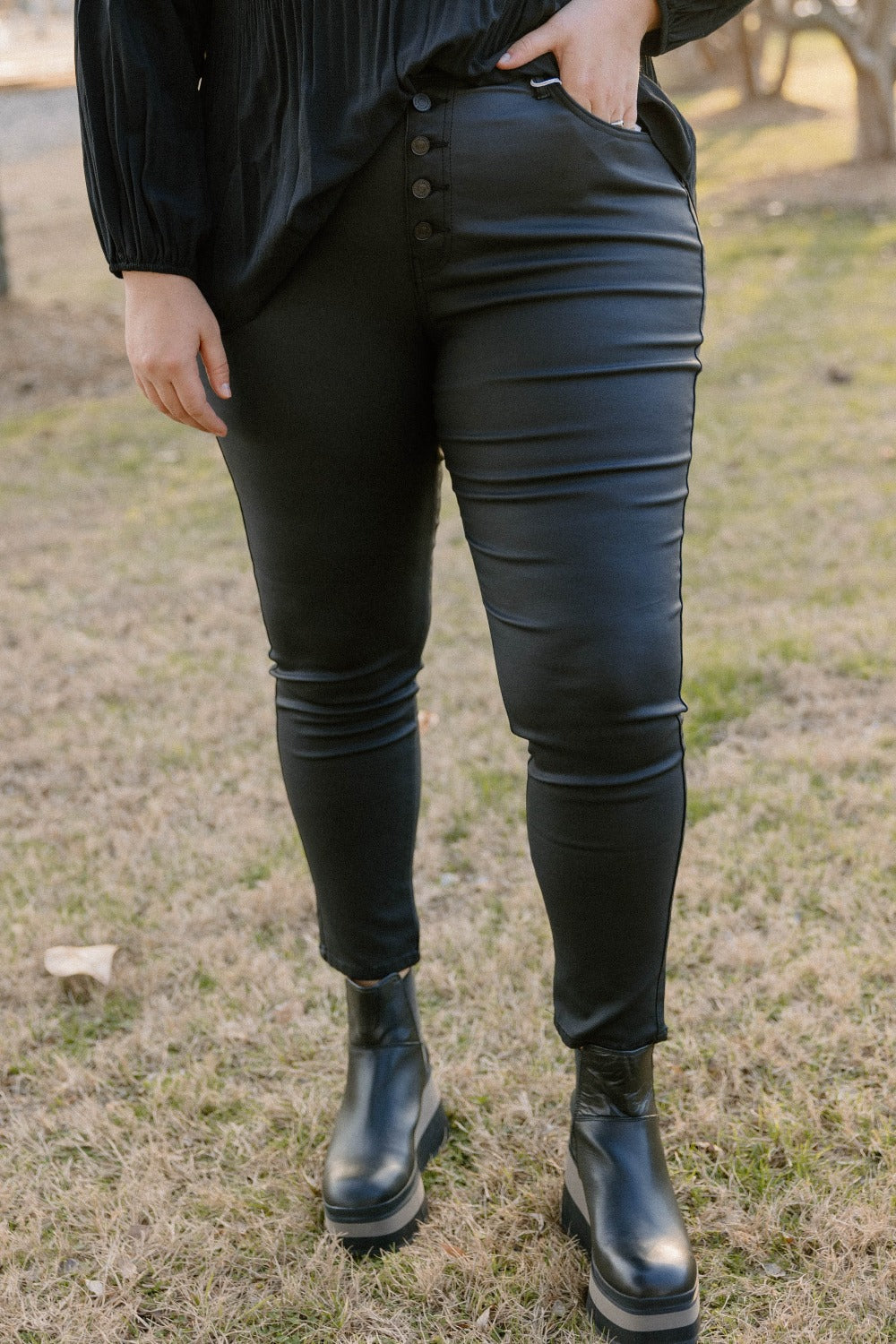 Autumn High Rise Faux Leather Ankle Pants by KanCan in (Sizes 2-22)