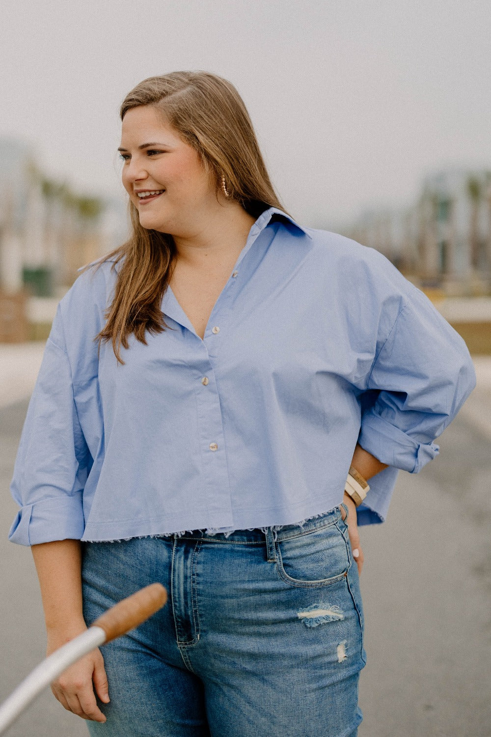 Gwyneth Cropped Button Down in Baby Blue (Sizes S-3XL)