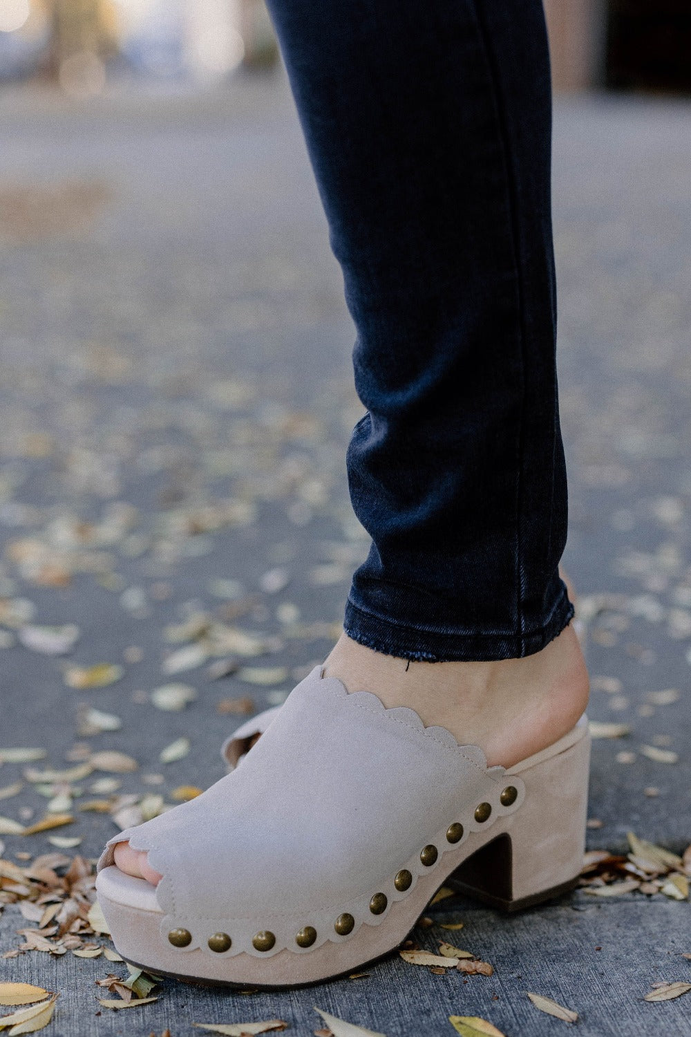 Chocolat Blu Open Toe Clog with Stud Detail in Light Grey Suede - The Genesis