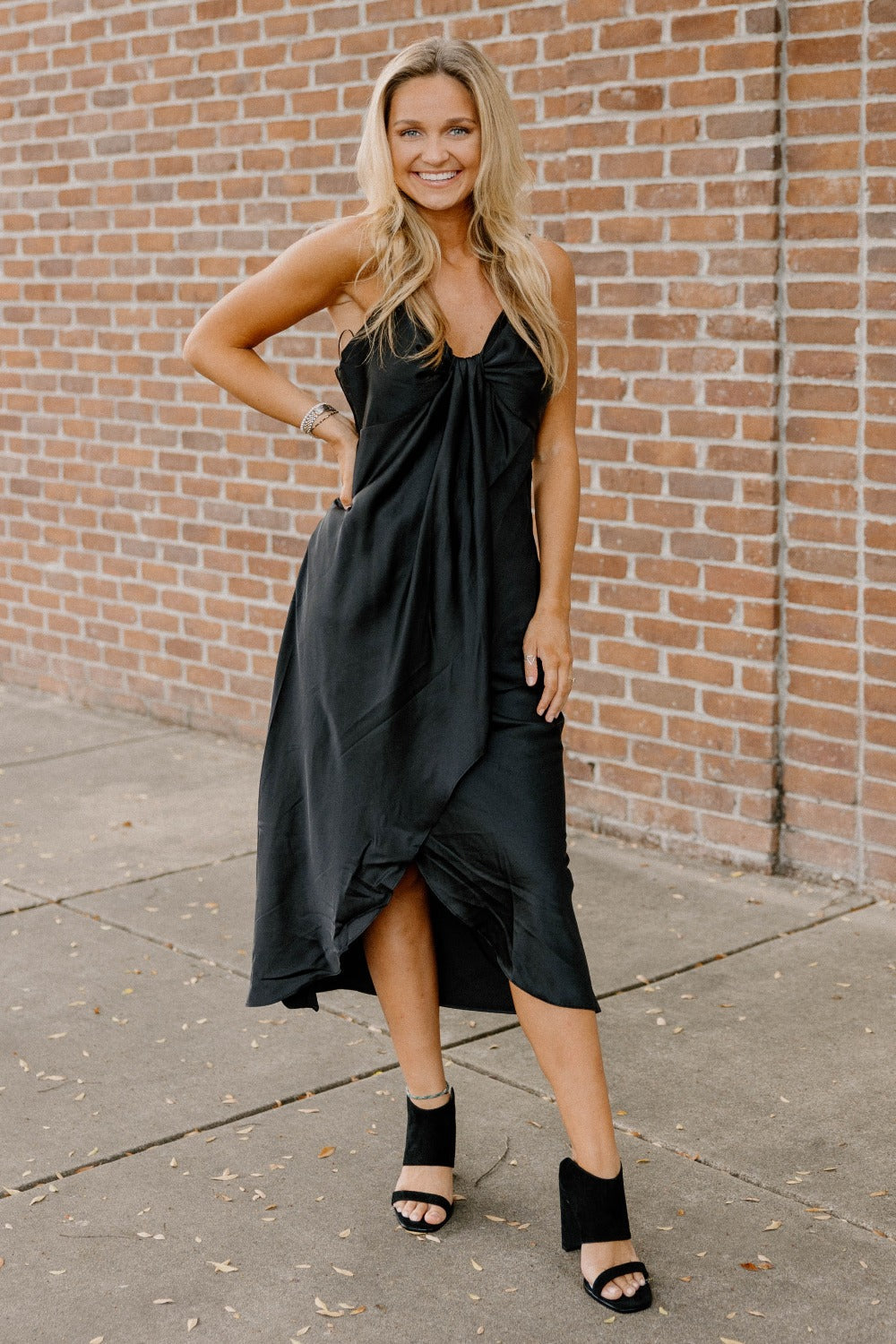 Emmy Silk Black Midi Dress (XS-3XL)