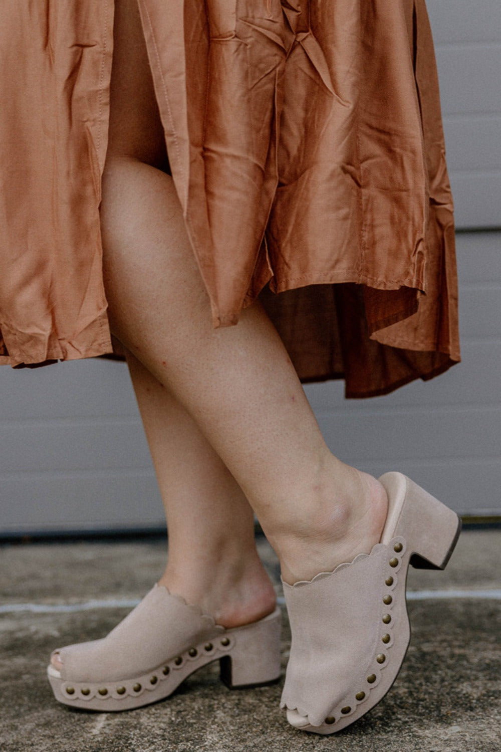 Chocolat Blu Open Toe Clog with Stud Detail in Light Grey Suede - The Genesis