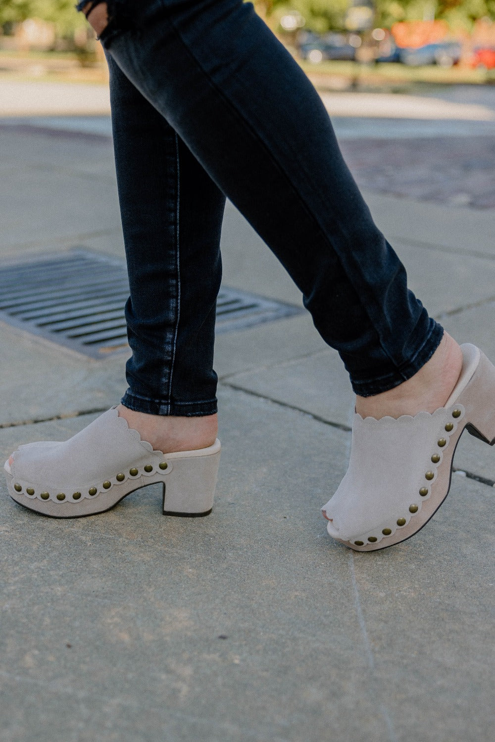 Chocolat Blu Open Toe Clog with Stud Detail in Light Grey Suede - The Genesis