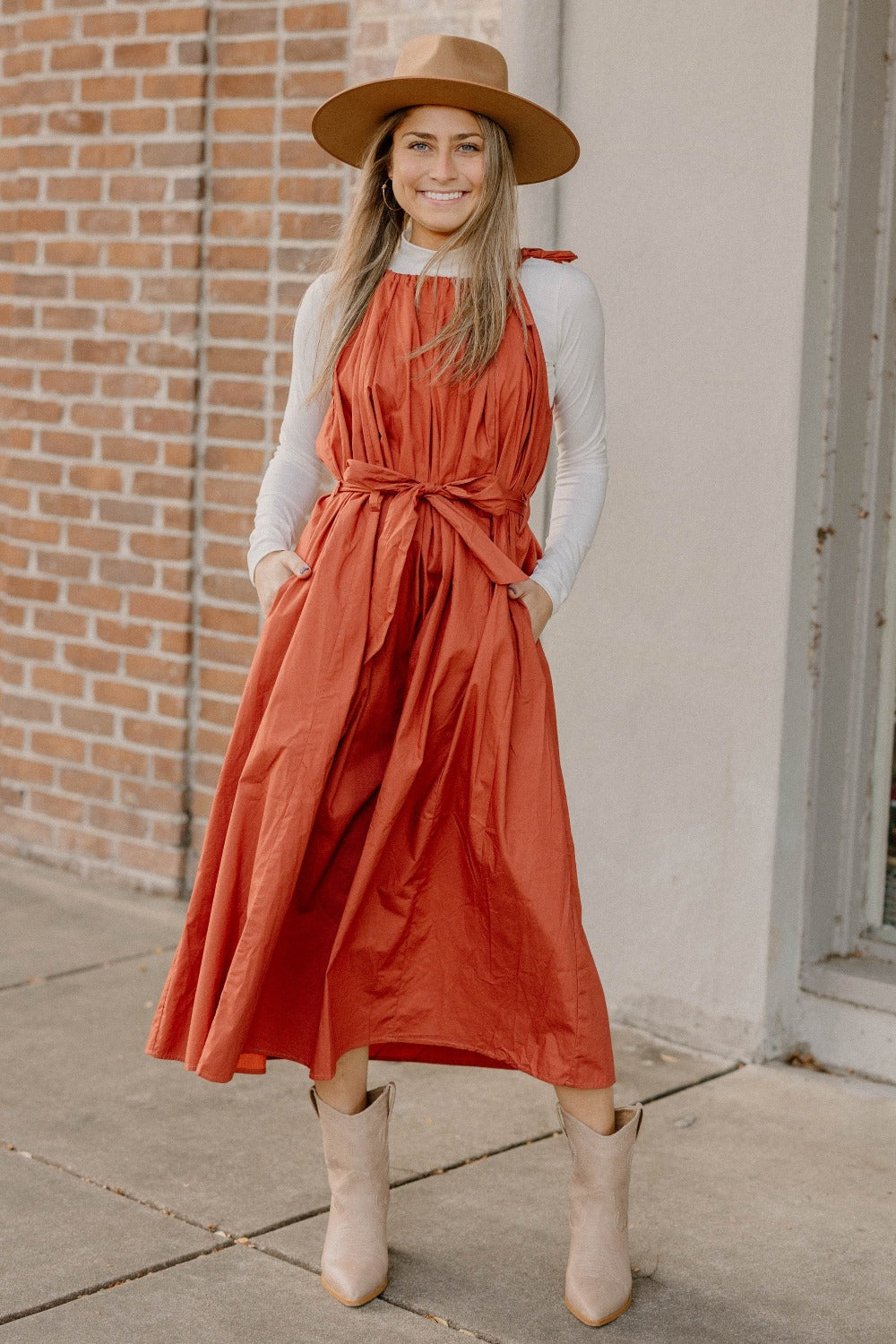 Emma Tie Sleeve Spaghetti Strap Rust Dress