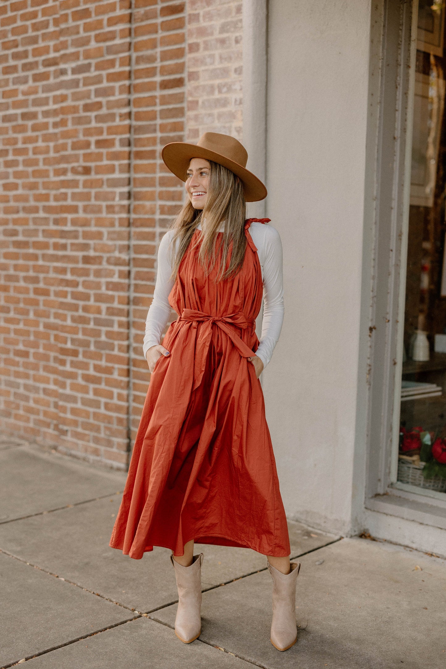 Emma Tie Sleeve Spaghetti Strap Rust Dress