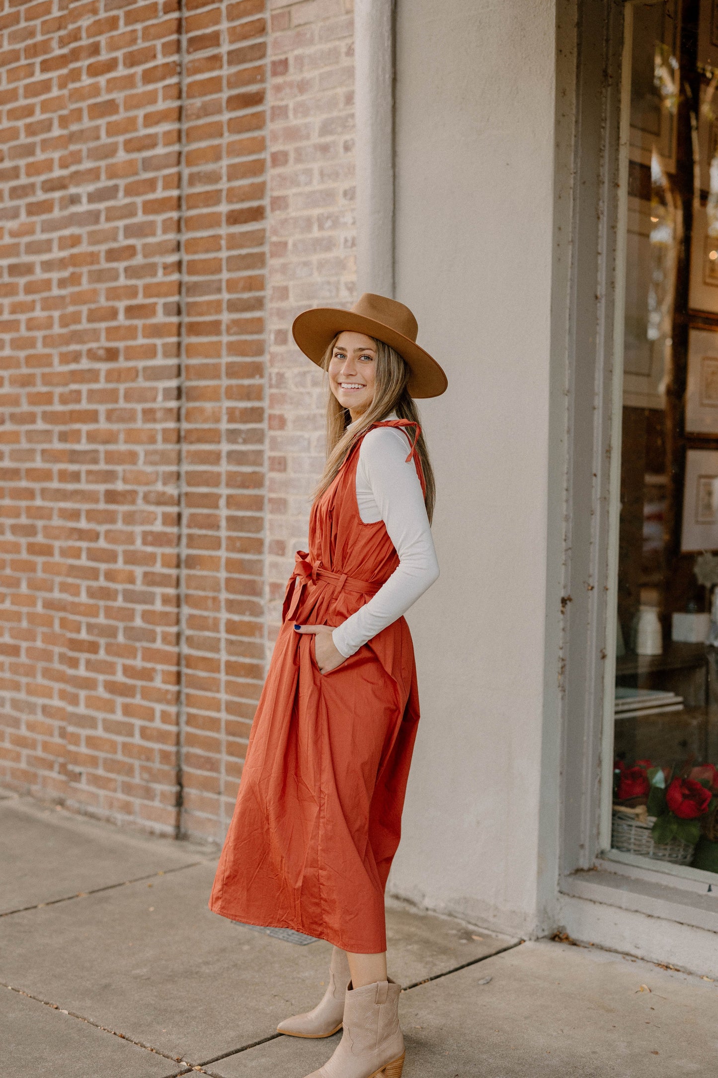 Emma Tie Sleeve Spaghetti Strap Rust Dress