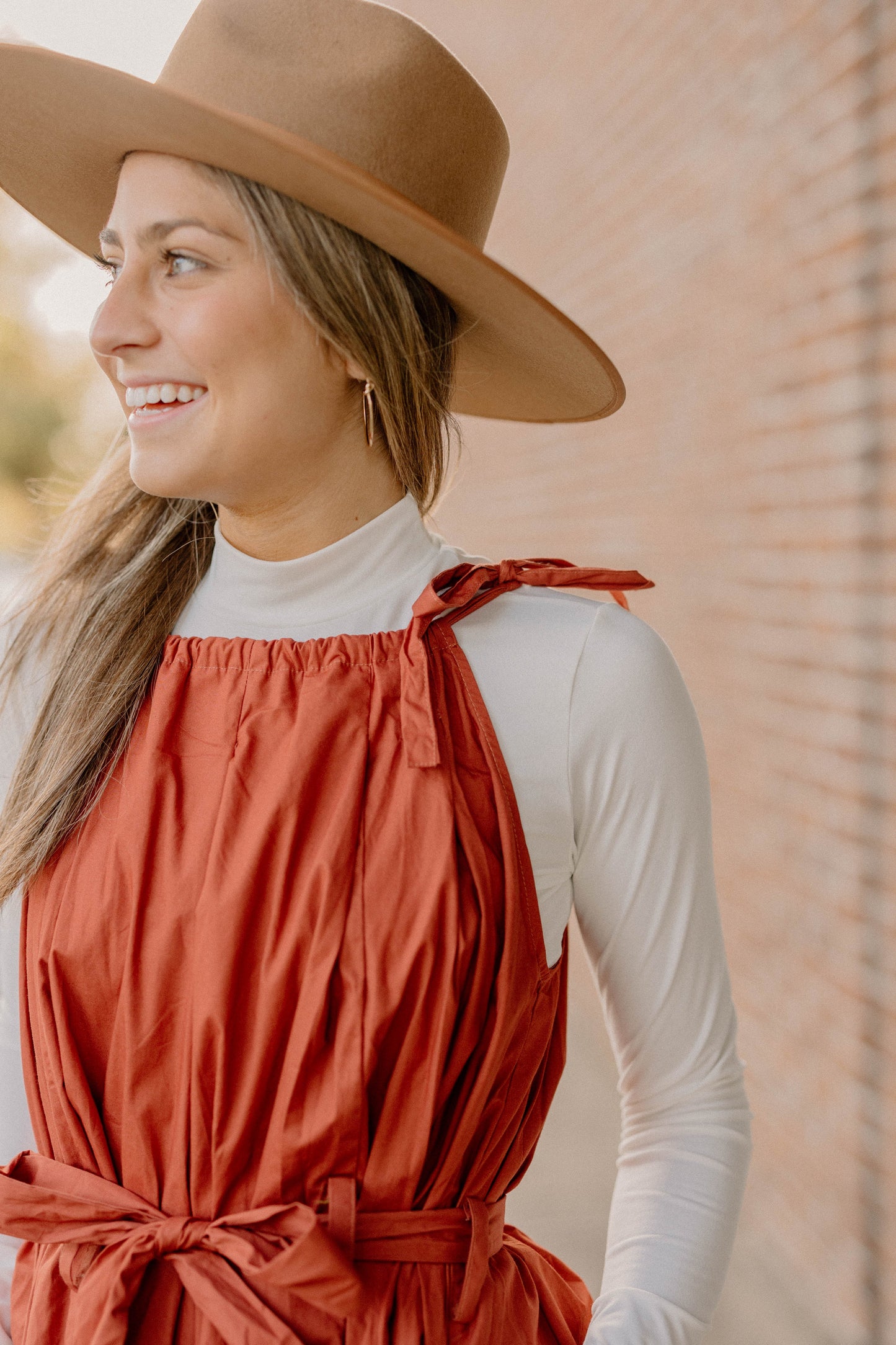 Emma Tie Sleeve Spaghetti Strap Rust Dress