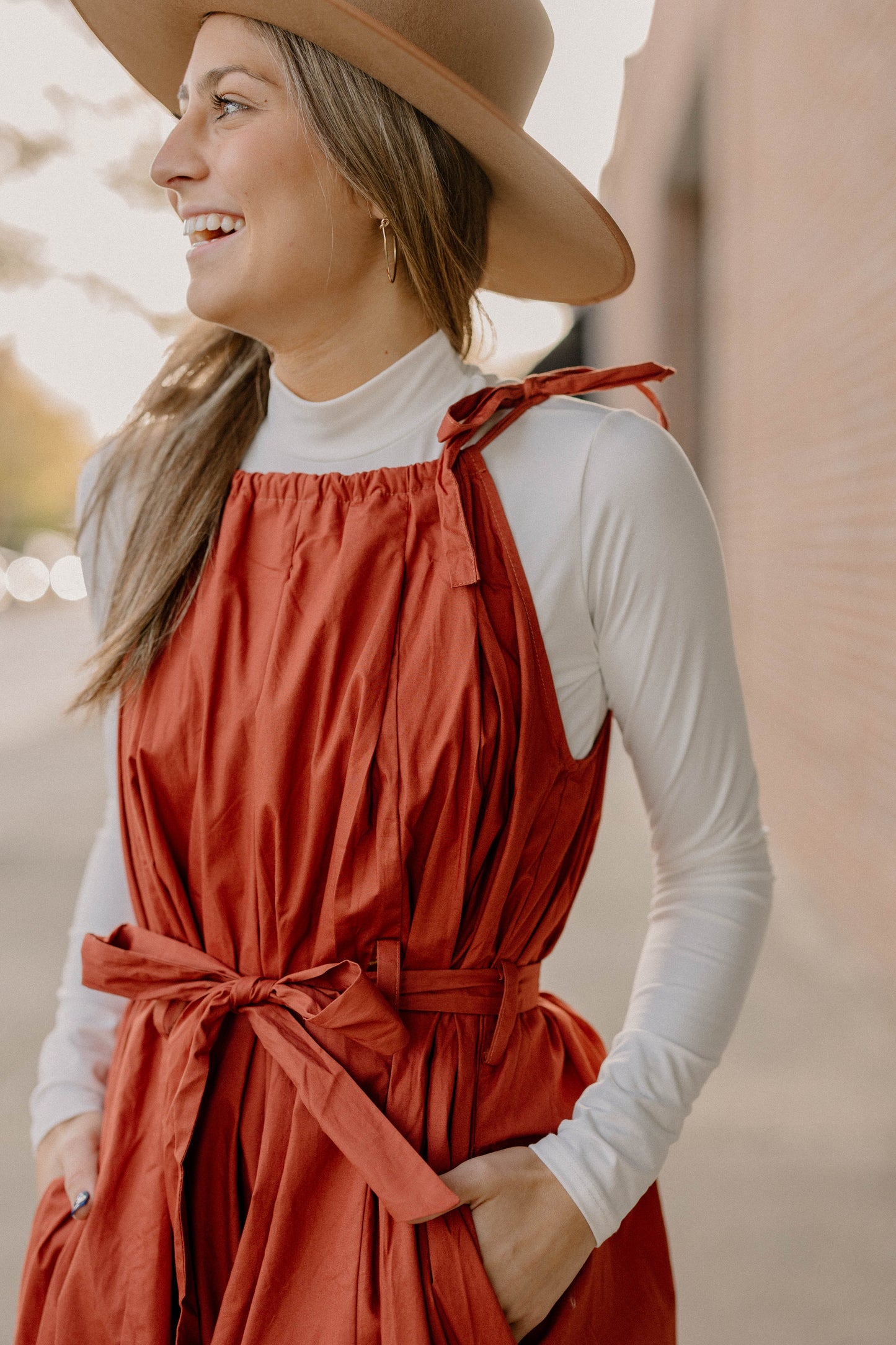 Emma Tie Sleeve Spaghetti Strap Rust Dress