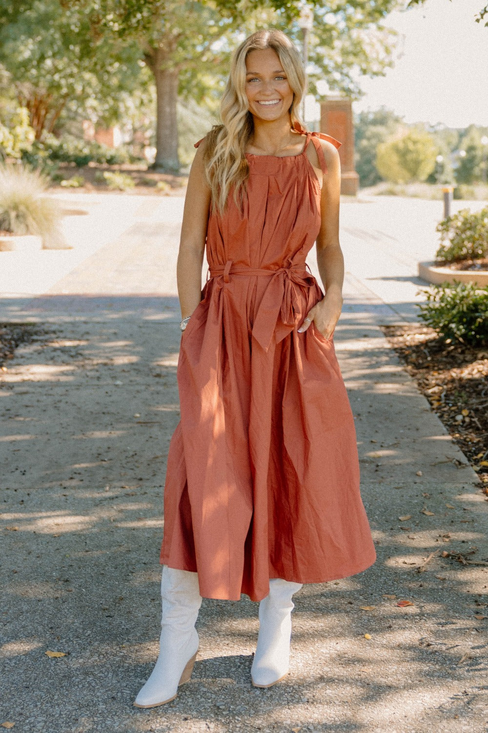 Emma Tie Sleeve Spaghetti Strap Rust Dress