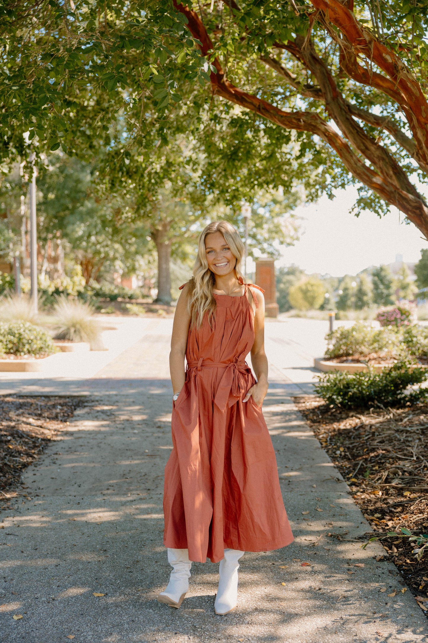 Emma Tie Sleeve Spaghetti Strap Rust Dress