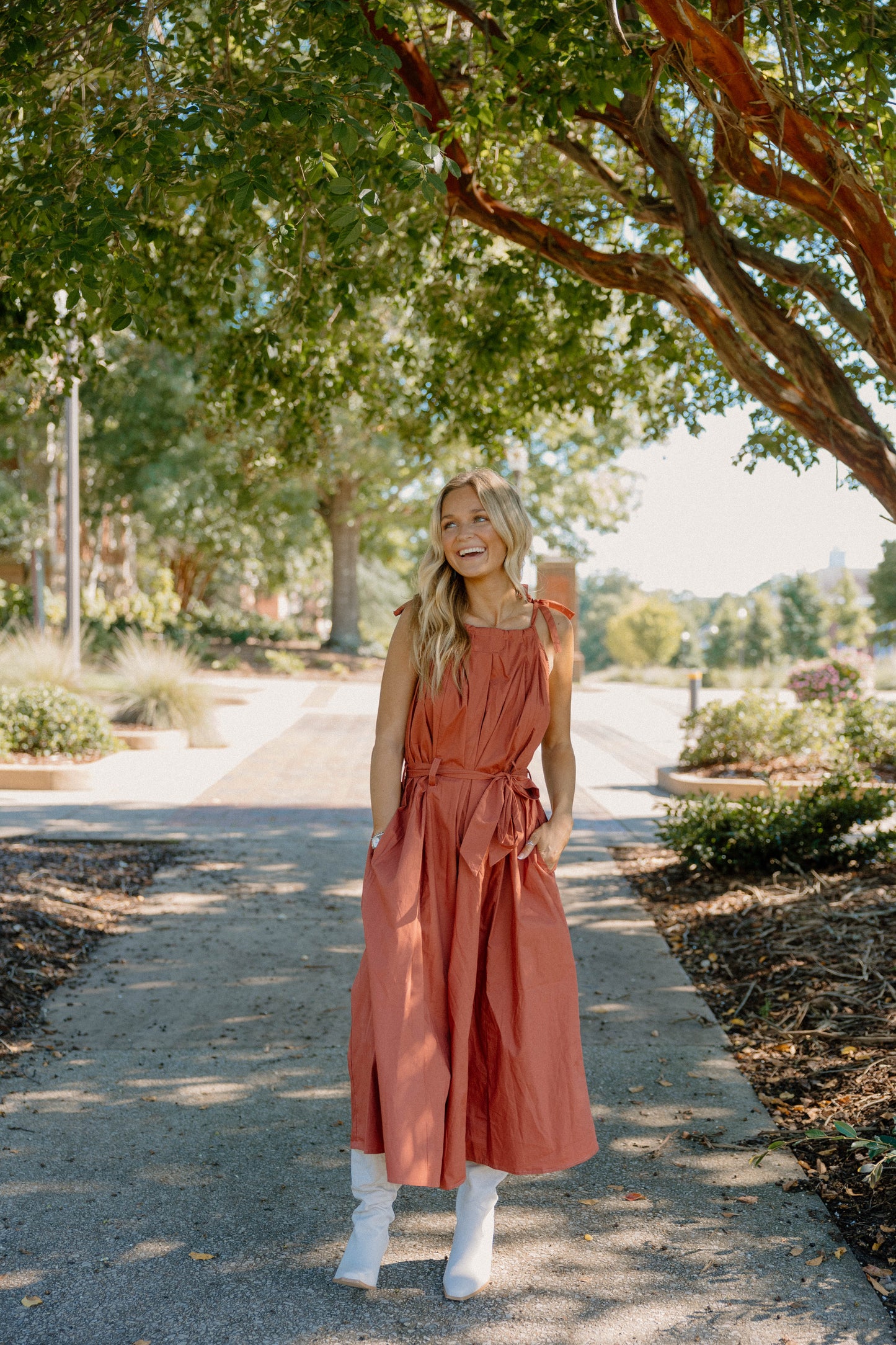 Emma Tie Sleeve Spaghetti Strap Rust Dress