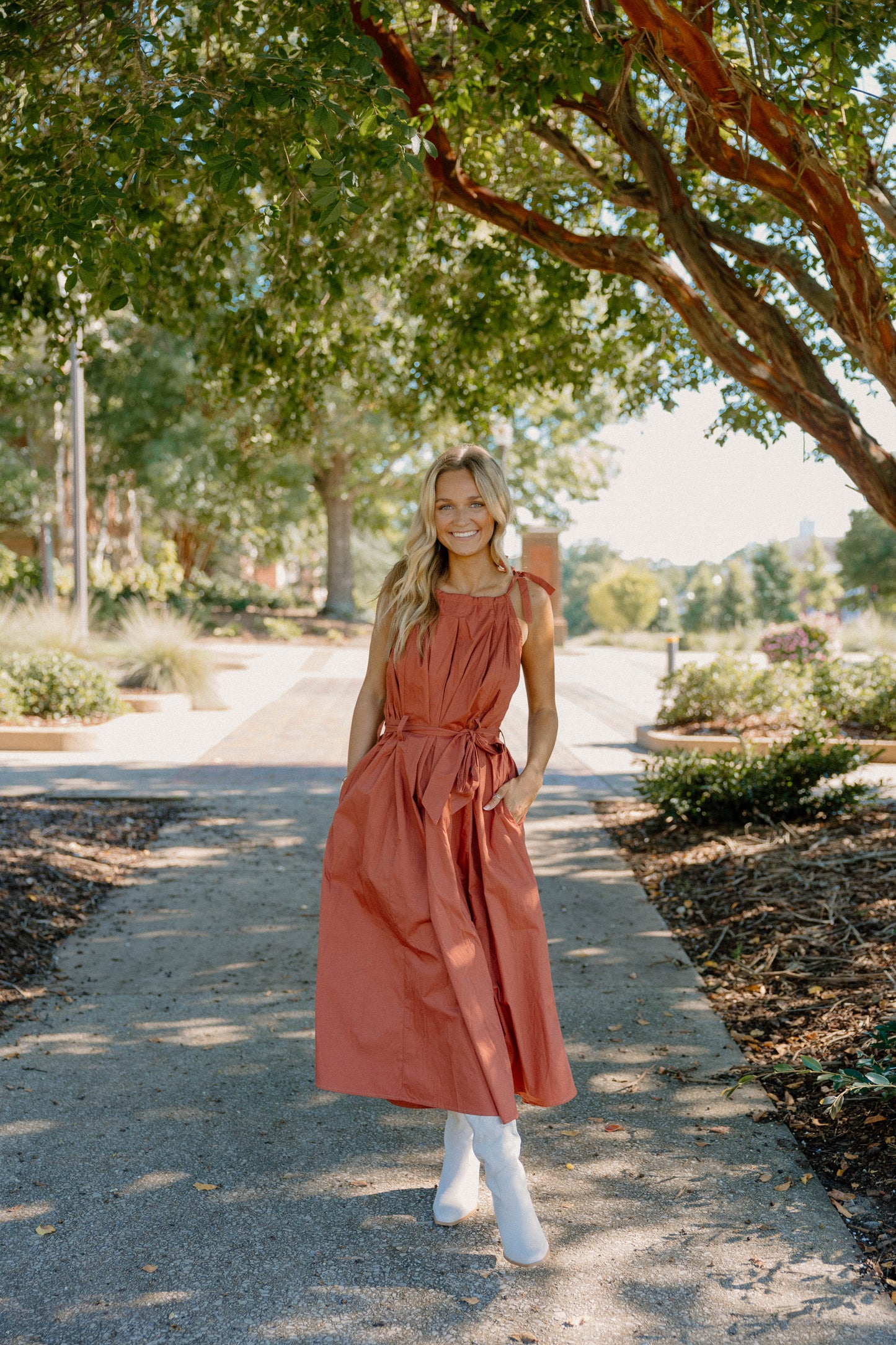 Emma Tie Sleeve Spaghetti Strap Rust Dress