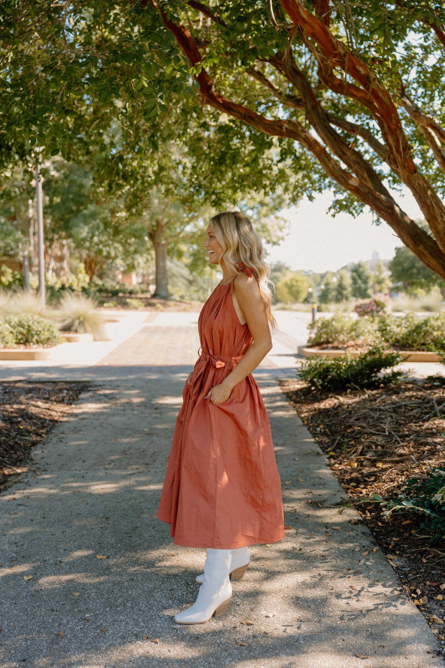 Emma Tie Sleeve Spaghetti Strap Rust Dress
