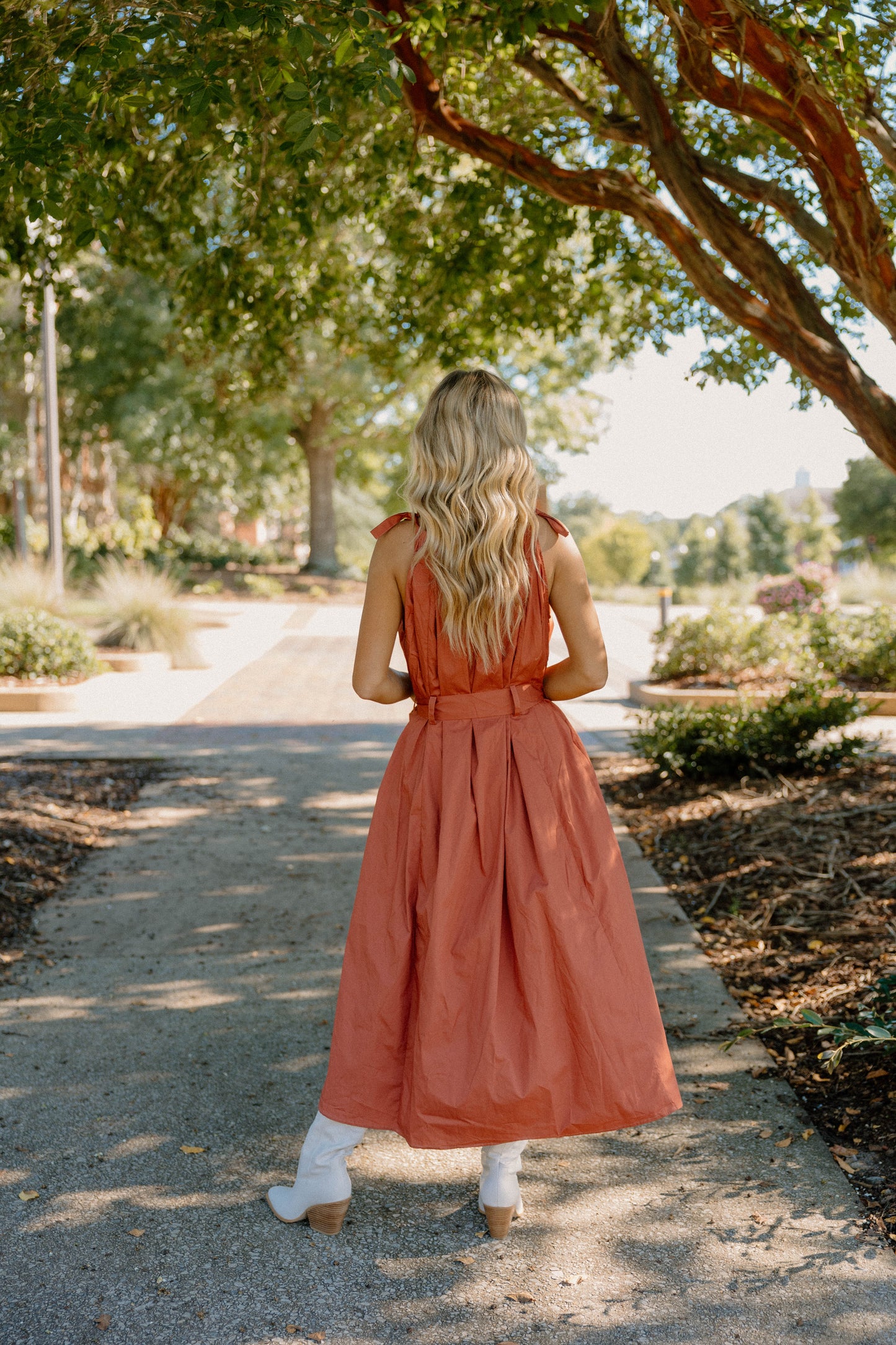 Emma Tie Sleeve Spaghetti Strap Rust Dress