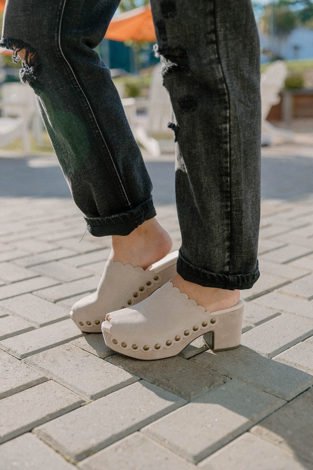 Chocolat Blu Open Toe Clog with Stud Detail in Light Grey Suede - The Genesis
