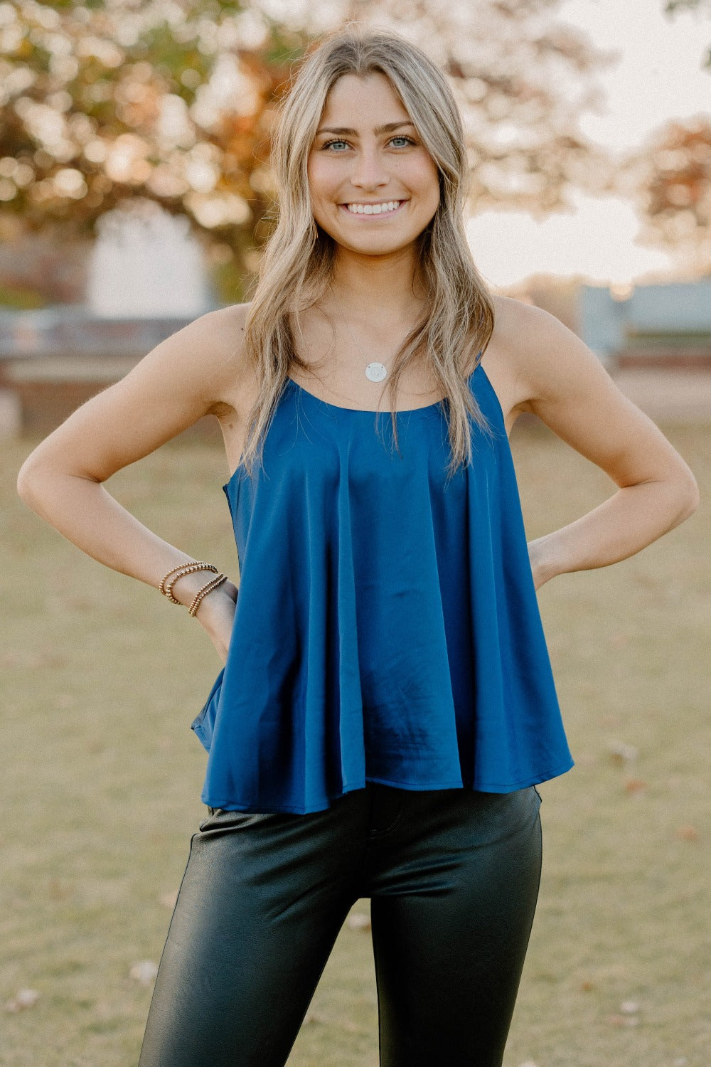 Gail Silk Flared Elegant Top in Navy (Sizes S-2XL)
