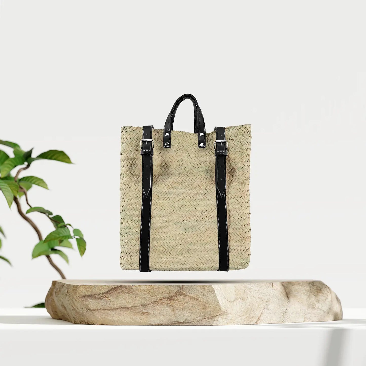 Straw Backpack with Long Leather Straps in Black