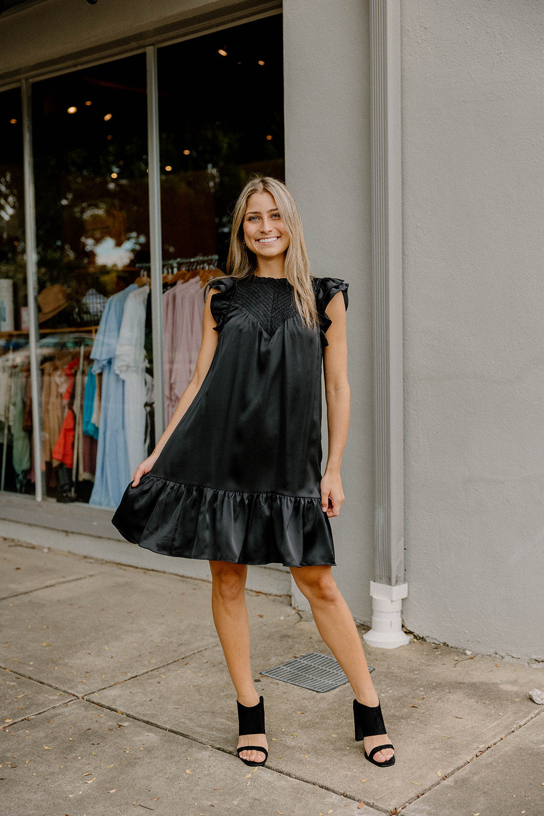 Anna Beth Black Sleeveless Smock Detail Dress (S-3XL)