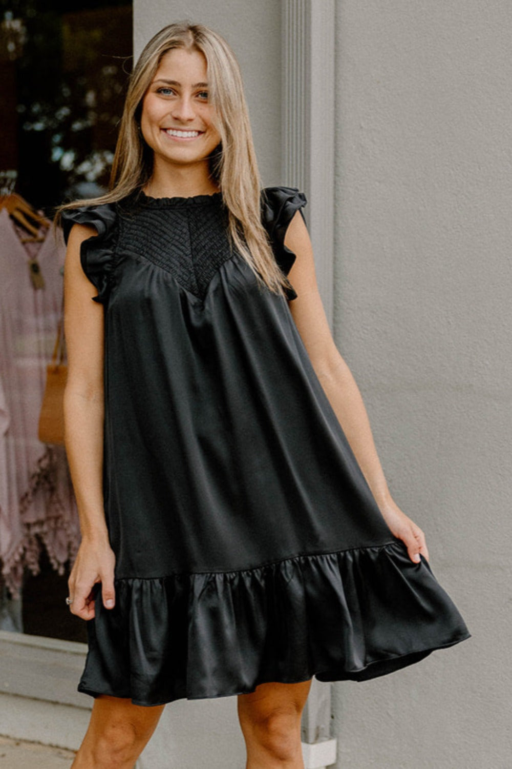 Anna Beth Black Sleeveless Smock Detail Dress (S-3XL)
