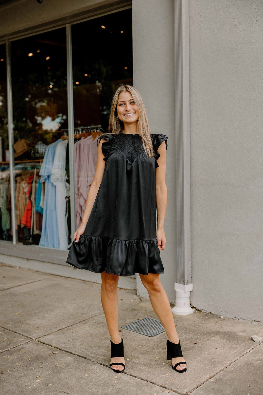 Anna Beth Black Sleeveless Smock Detail Dress (S-3XL)