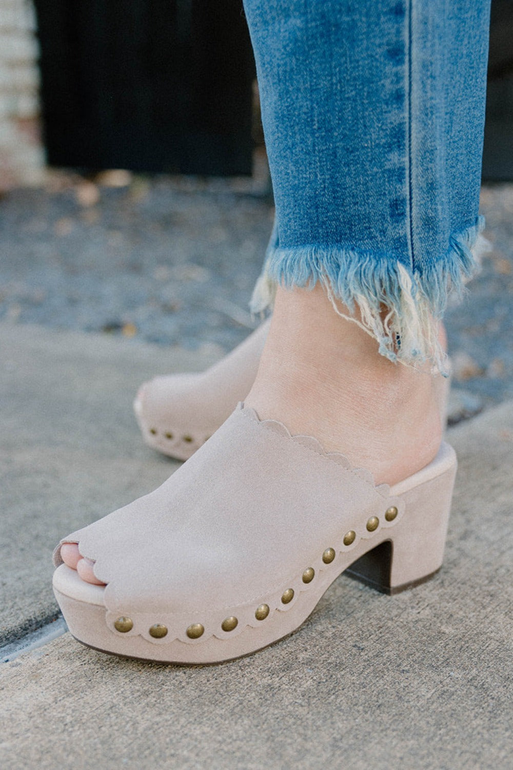 Chocolat Blu Open Toe Clog with Stud Detail in Light Grey Suede - The Genesis