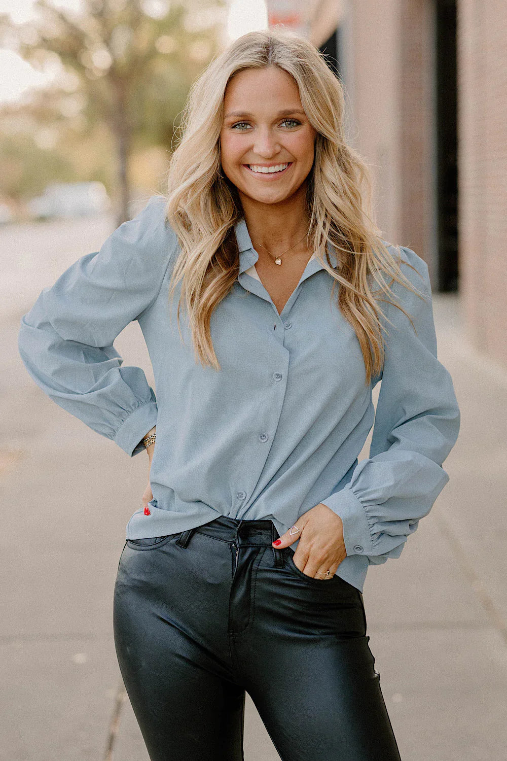 Sadie Soft Leather Button Up in Baby Blue