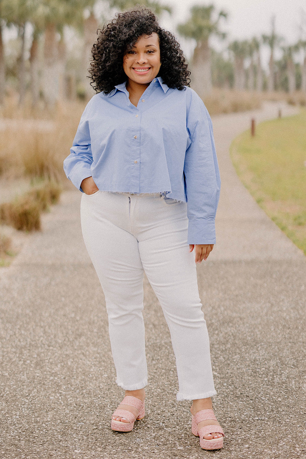 Gwyneth Cropped Button Down in Baby Blue (Sizes S-3XL)