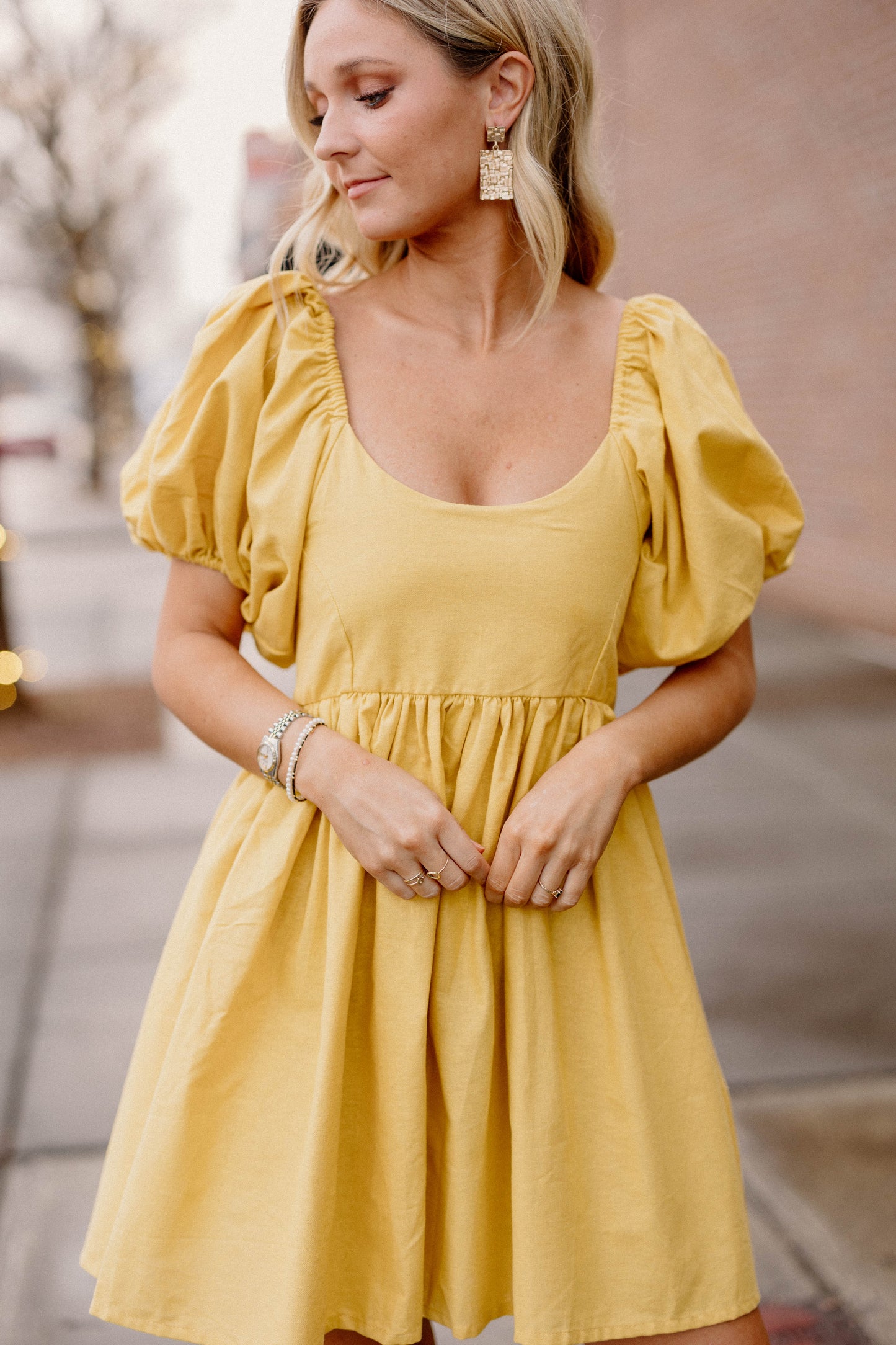 Strawberry Fields Puff Sleeve Mini Dress in Golden Yellow (Sizes S-2XL)