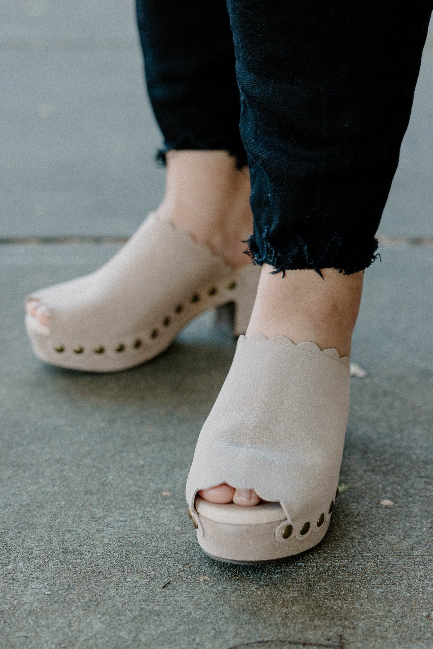 Chocolat Blu Open Toe Clog with Stud Detail in Light Grey Suede - The Genesis