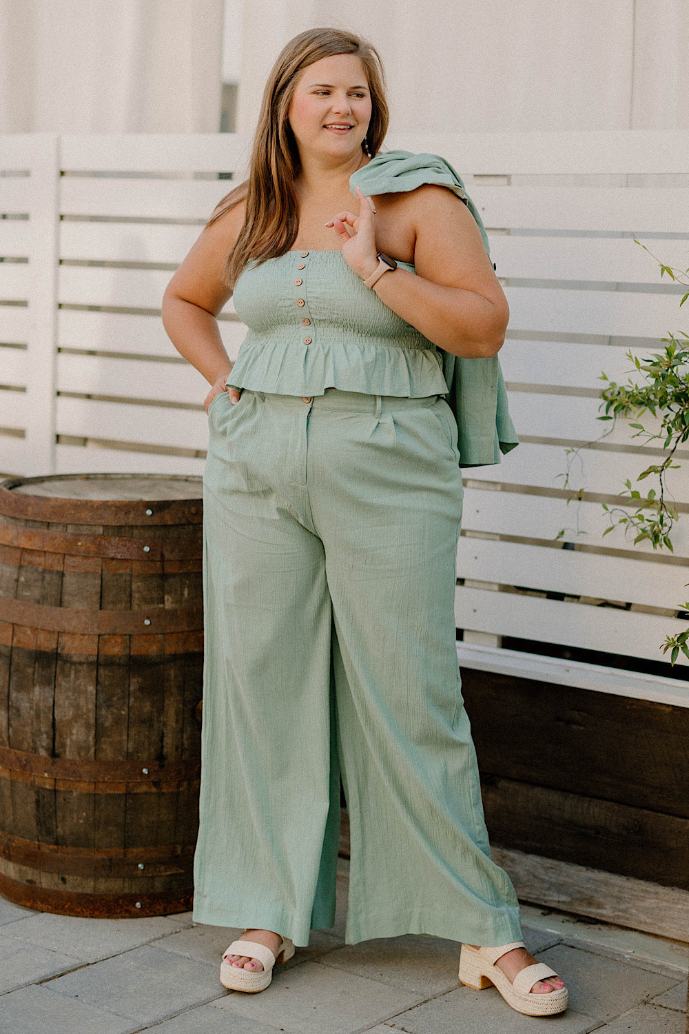 Laura Smocked Linen Top in Sage by Bali Lane (Sizes S-3XL)