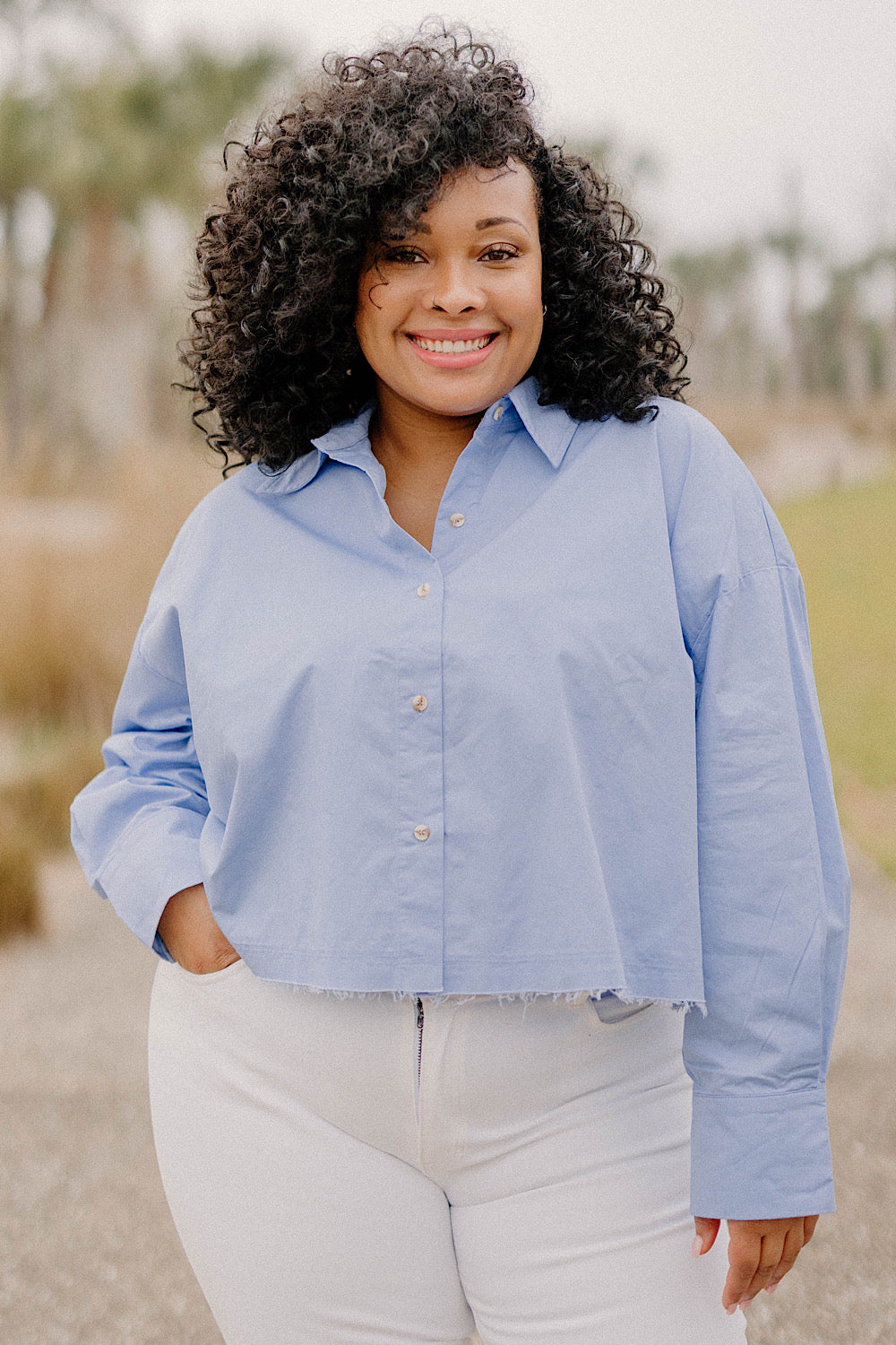 Gwyneth Cropped Button Down in Baby Blue (Sizes S-3XL)