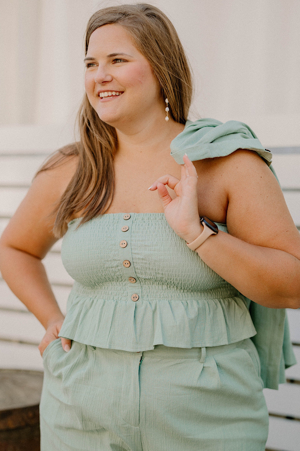 Laura Smocked Linen Top in Sage by Bali Lane (Sizes S-3XL)