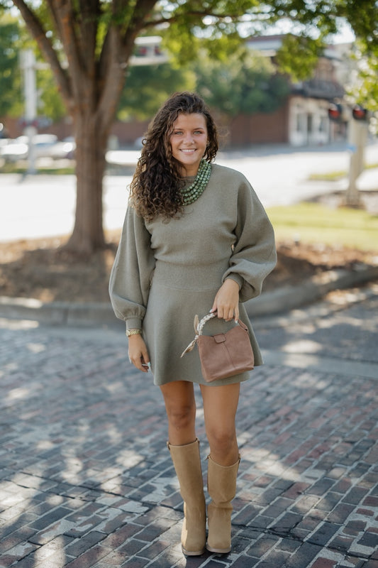 Bev Olive Ballon Sleeve Sweater Dress