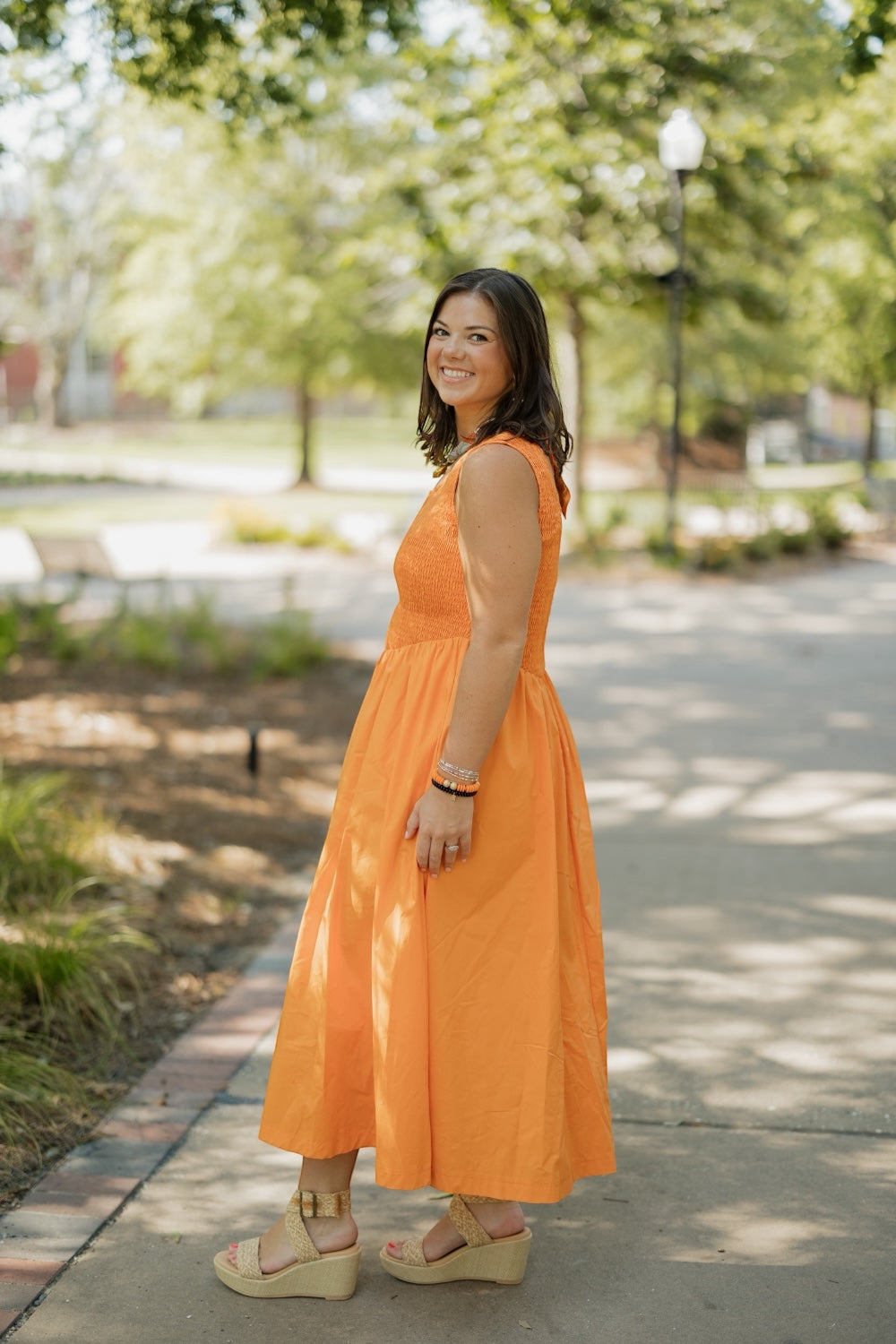 Brinley Orange Smocked Top Midi Dress (S-3XL)