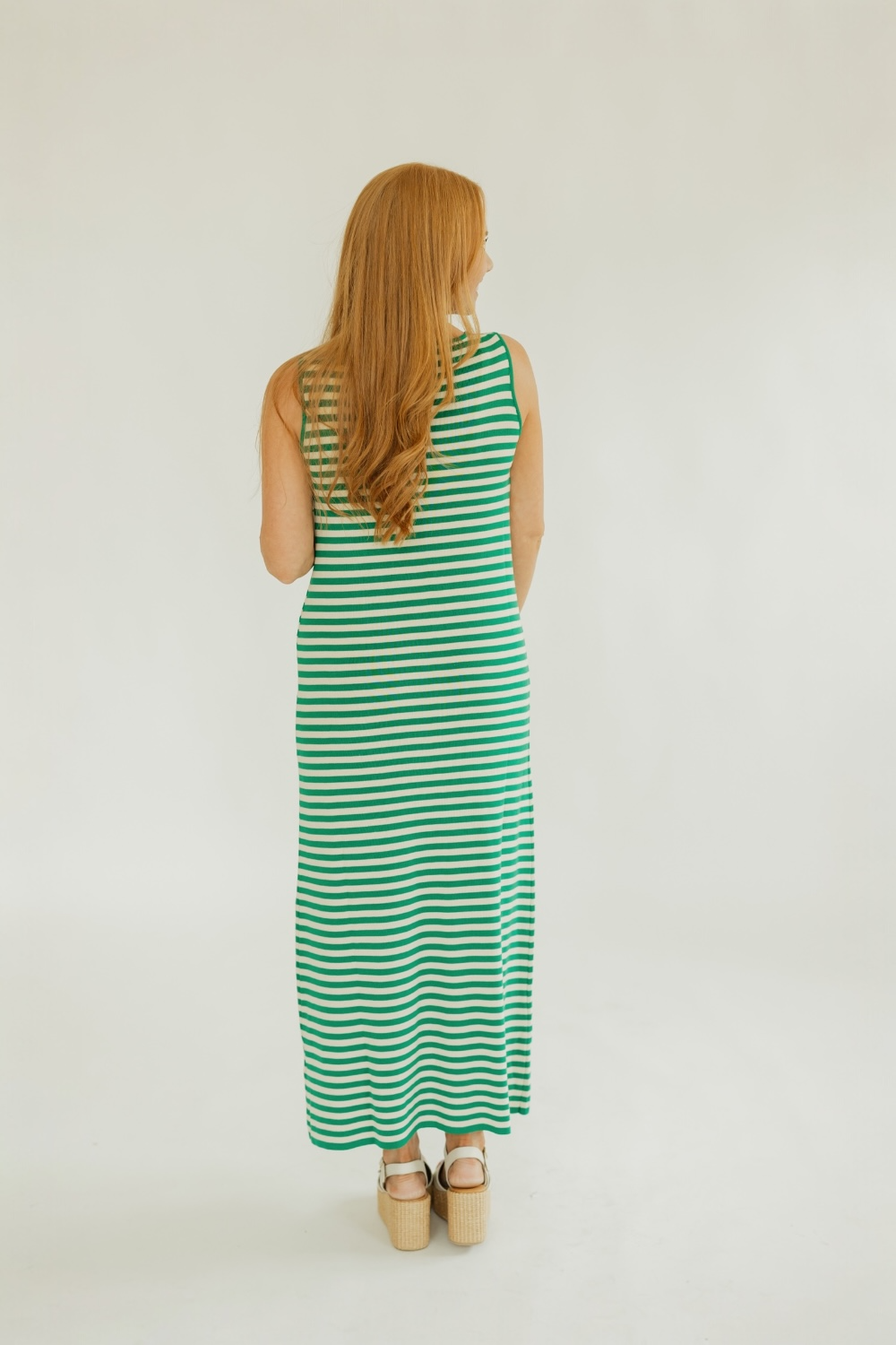 Green Striped Sleeveless Knit Midi Dress (XS-XL)