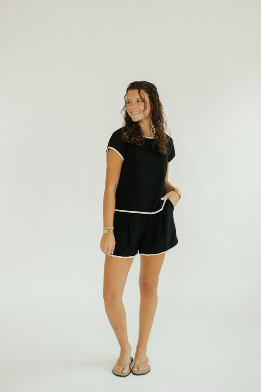 Liza Black Linen Contrast Stitch Short Set