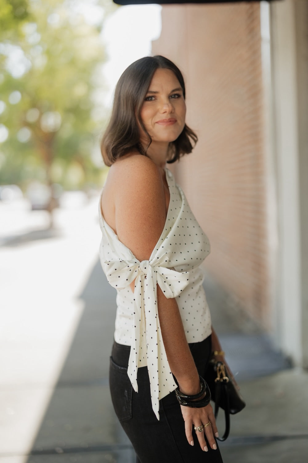 Celestine Satin Asymmetrical Polka Dot Top