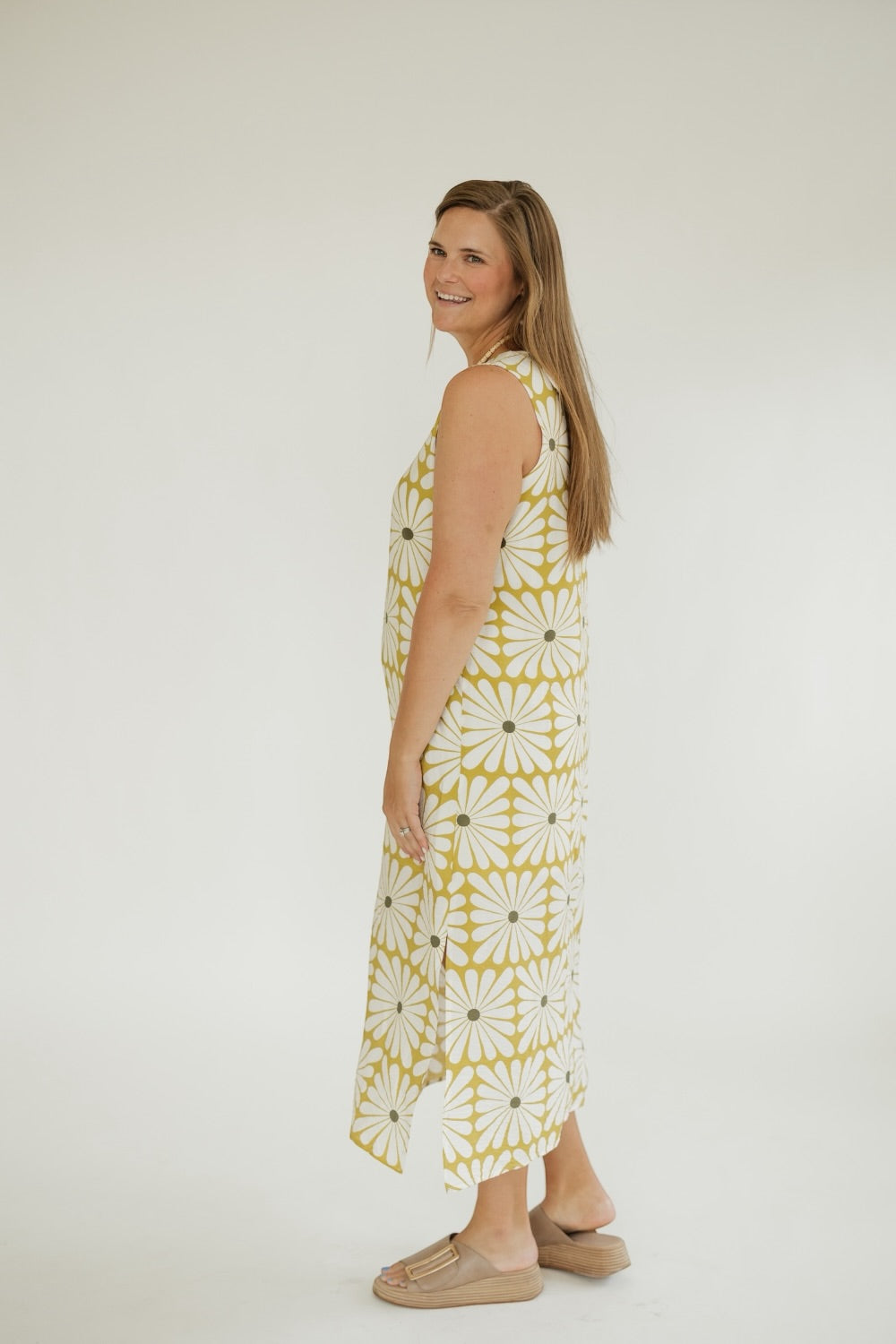 Chartreuse Flower Print Midi Dress