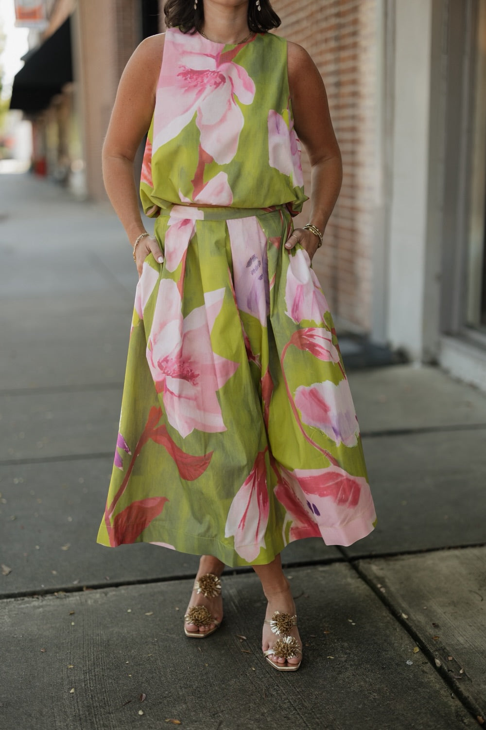Elle Lime Floral Pleated Midi Skirt