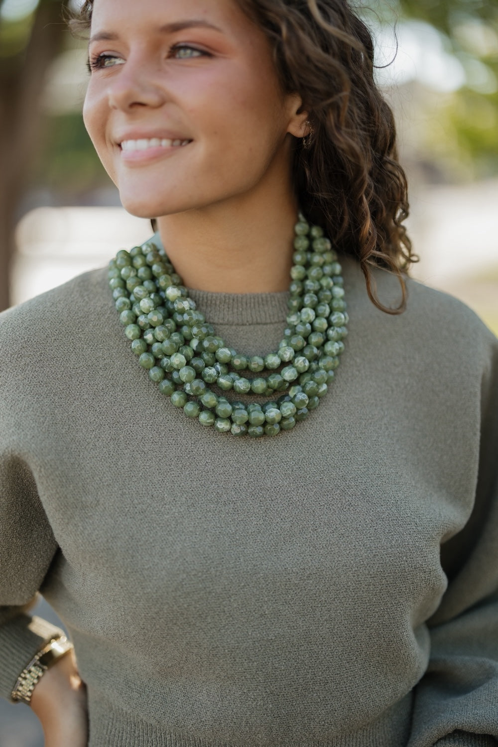 Olive Marble Beaded Strand Necklace