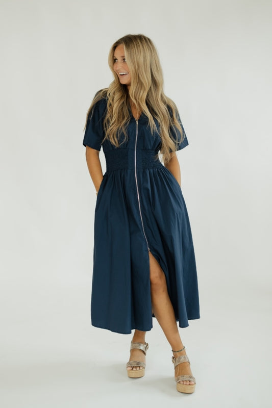 Denise Navy Zip Front Dress