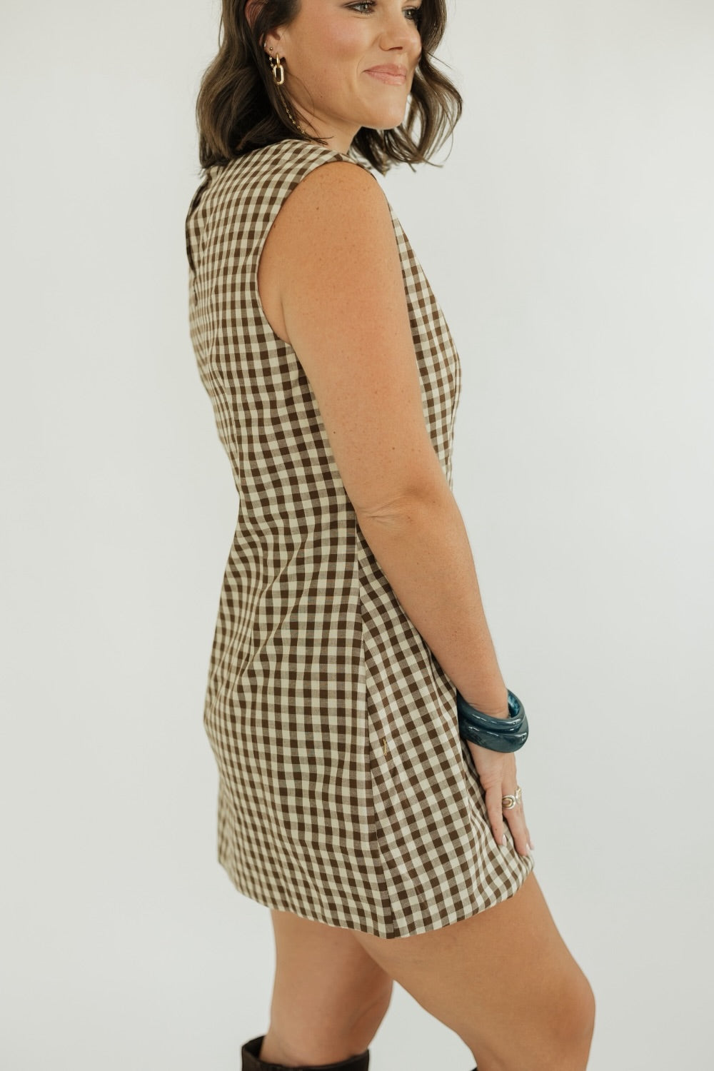 Clementine Brown Gingham Sleeveless Mini Dress