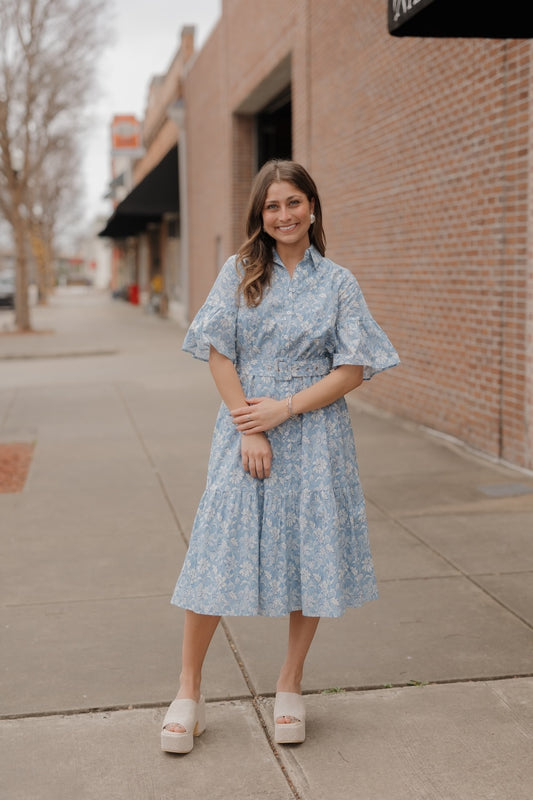Carolina Blue Floral Belted Shirt Dress